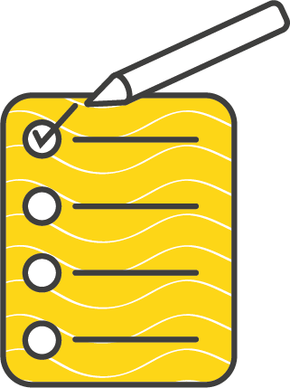 Illustration eines gelben Formulars mit weißen Wellenlinien und vier Aufzählungspunkten